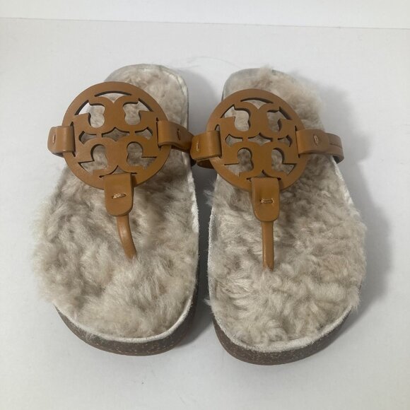 Womens Tory Burch Miller Cloud Shearling Leather Sandal Caramel